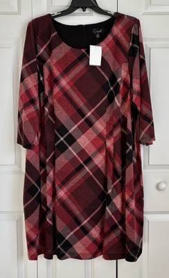 CONNECTED APPAREL WOMENS DRESS WINE MULTICOLOR PLAID SHIFT 3/4 SLEEVE POCKETS