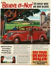 1938 De Soto Red 4-door Sedan Robert Ripley Farm Tree House art Vintage Print Ad