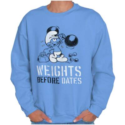 Hefty Smurf Weights Before Dates Workout Gym Mens Crewneck Sweatshirt Pullover