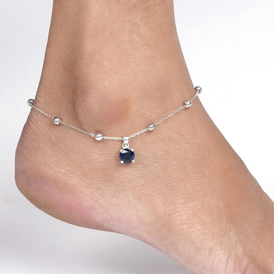 1CT Round Cut Lab-Created Blue Sapphire Women's Anklets 14K White Gold Plated - Image 4 of 4