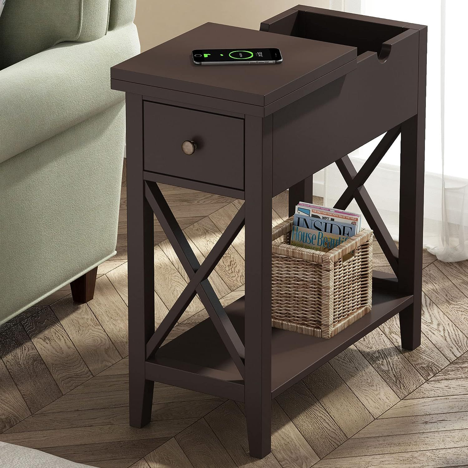 ChooChoo Espresso MDF Flip Top Narrow End Table with Storage