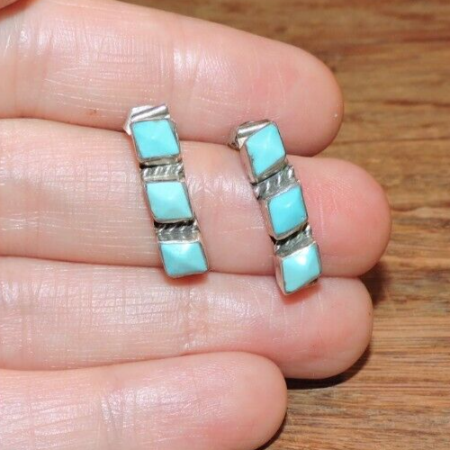 Vintage Sterling Silver 925 Turquoise Inlay Southwestern Drop Post Earrings - Picture 2 of 7