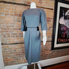 Vintage 1960s Hand Made Dress Gray Black Trim Knit 3/4 Sleeves Fitted Size M