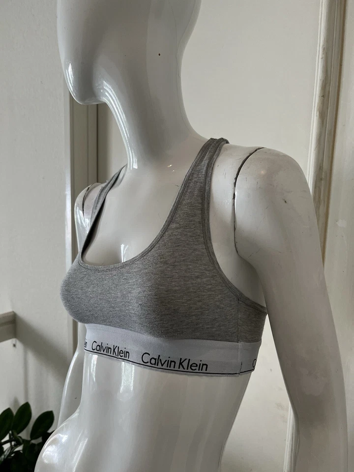 CALVIN KLEIN Women's Heather Grey Cropped Racerback LOGO Band Bra Top Sz S - Image 2 of 4