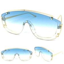 Classic Elegant Modern Retro Shield Style SUN GLASSES Large Gold Frame Blue Lens