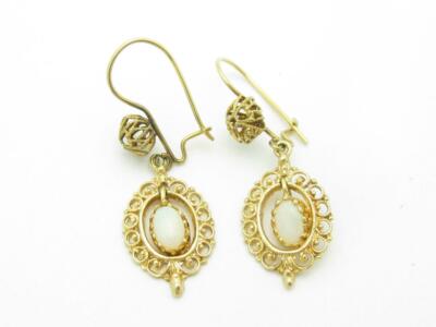 14k Amarillo Oro y Blanco Ópalo Vintage Halo Diseño Palanca Espalda Araña Aretes