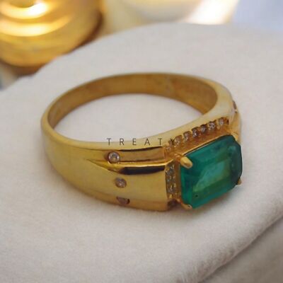 Emerald Octagon Cut With 14K Solid   Gold  Ring For Men's #913