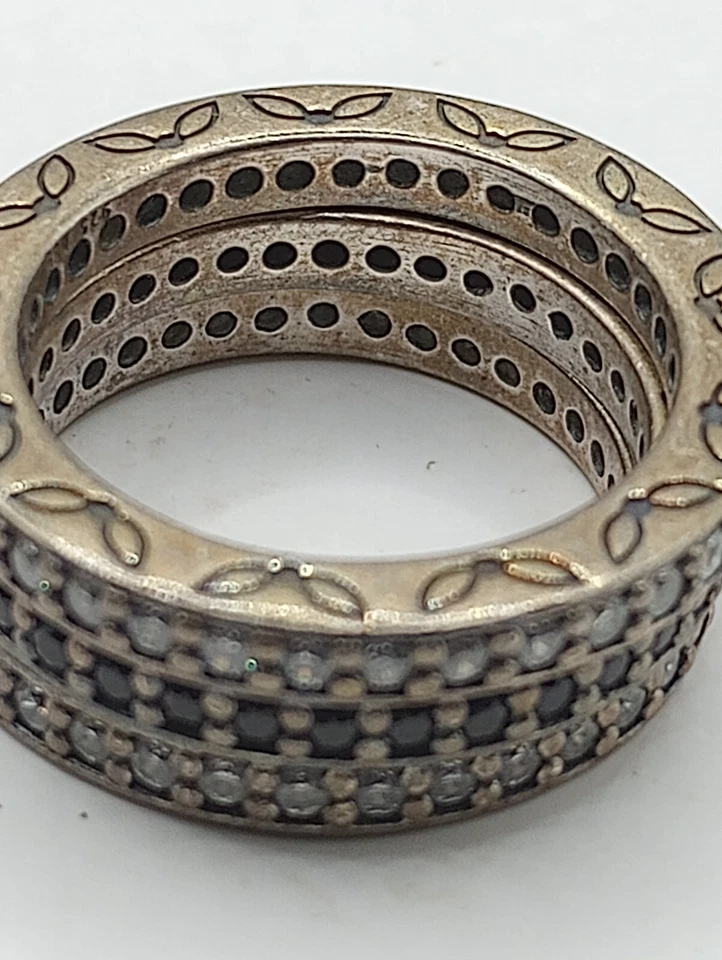 PANDORA 925 Steerling 银色 3 戒指套装 尺寸 7.5 Onyx 和 CZ — 第 4/4 张图片