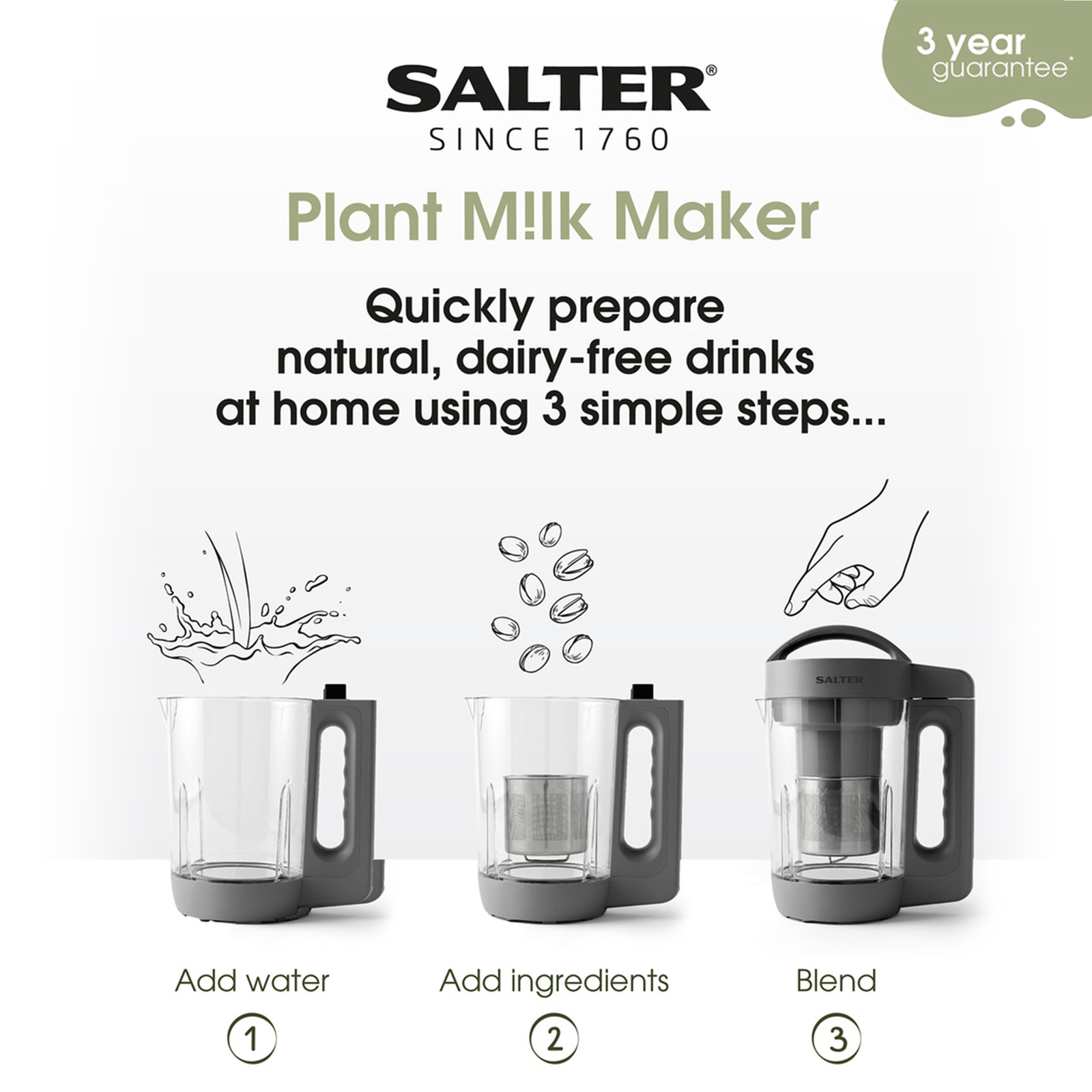 Salter Plant Milk Maker DairyFree 1.6L Vegan Nut Oat Milk Bottles