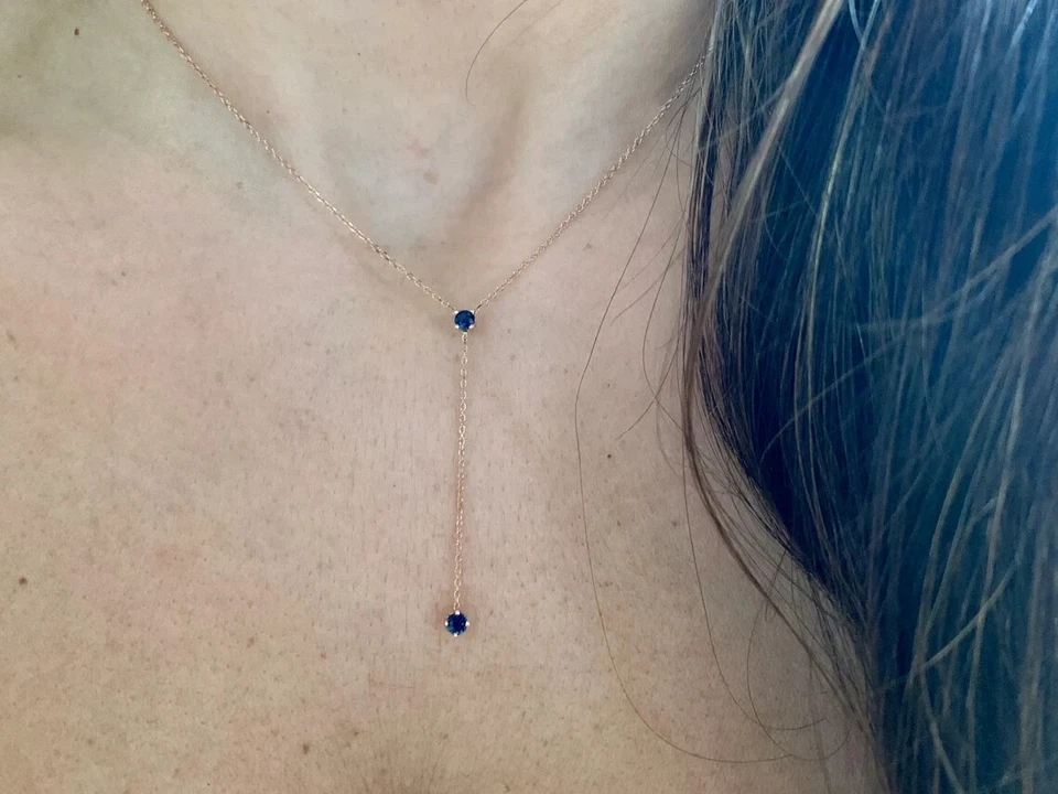 Collar Lariat 'Y' cadena cable zafiro azul creado en laboratorio de 1 quilate en oro de 14 k Foto 4 de 4
