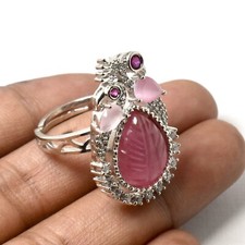 Carved Rose Quartz  CZ Engagement Ring White Plating Ring, Statement Ring Gifts