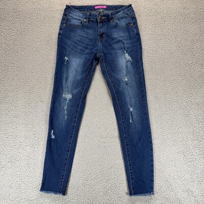 K's more Jeans Womens Skinny Ripped Distressed Raw Hem Mid Rise Stretch Blue 5