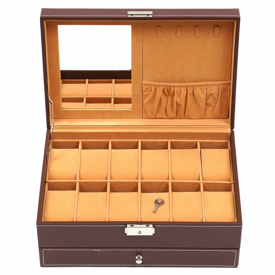 Mens Watch Box Case Organizer 12 Slots Watches Holder Jewelry Storage