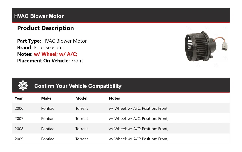 For 2006-2009 Pontiac Torrent HVAC Blower Motor Front 4 Seasons 2007 2008 - Image 2 of 4