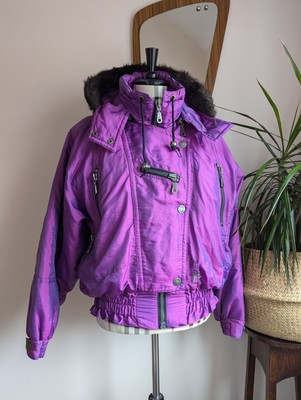 Damen Vintage 80er Metallic Lila Ski Jacke Mantel Rodeo Wattiert Kapuze Gr. 12