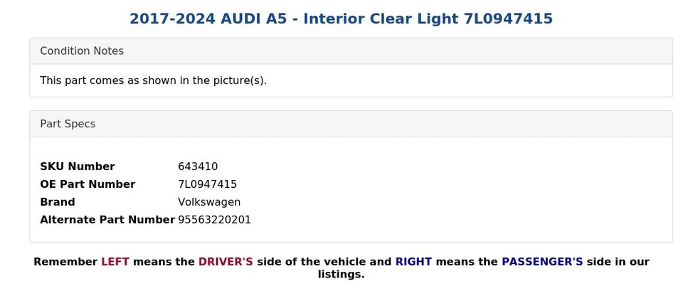 AUDI A5 2017-2024 - Luz interior transparente 7L0947415 Foto 4 de 4