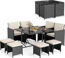 Stylish 9-Piece Rattan Patio Dining Set with Glass Table Cushions