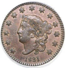 1831 1c Large Letters N-6 Coronet or Matron Head Large Cent PCGS AU 50