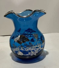 FLANDERS Blue (Blunique) Silver City Overlay Blown Glass Crimped Vase, 5" MINT!