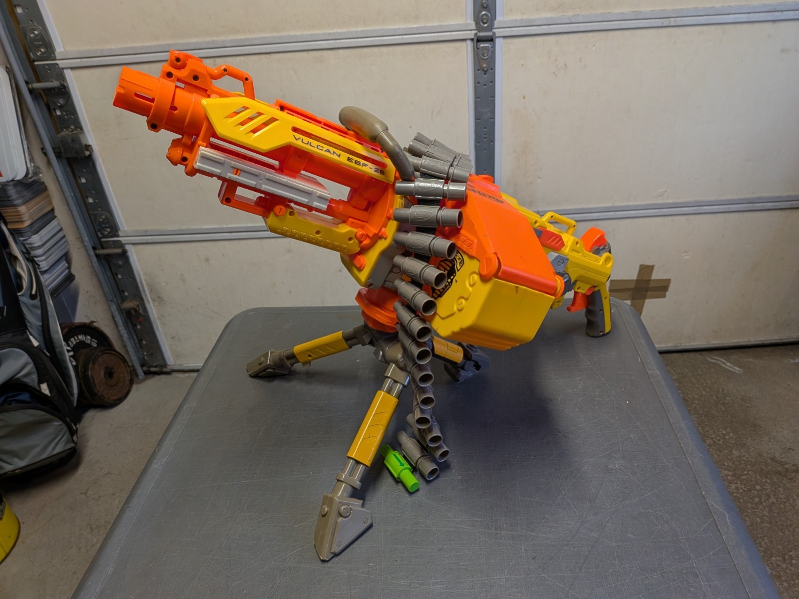 Nerf Vulcan with Tri-pod, Ammo Box, Chain Link - Full Auto Works Great!