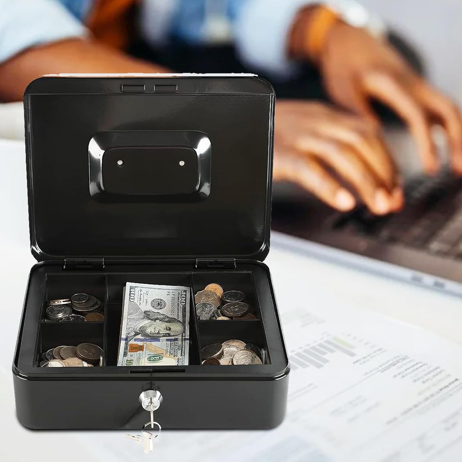 Portable Locking Cash Box - Secure & Spacious with Removable Tray, 9.84x7.87in