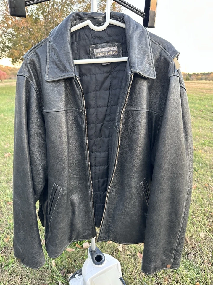 Structure Urbanwear Black leather jacket Men insulated Full zip Motorcycle Bike - Image 2 of 4