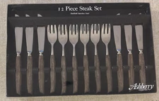 ASHBERRY Staybrite 12 Pc Steak Set Sheffield Stainless Steel Woodrose HandlesVTG