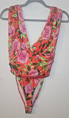 Zara Orange Floral Deep-V Tank Ruched Bodysuit Small Thong Cut Thick Straps