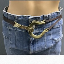 Vntg Chicos Adjustable Skinny Brown Leather Brass Hook Belt Sizes S-M RN 79984