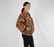 VTG 80's Carte Women Silk Jacket Coat Baroque Architectural Print Red Bomber  XL