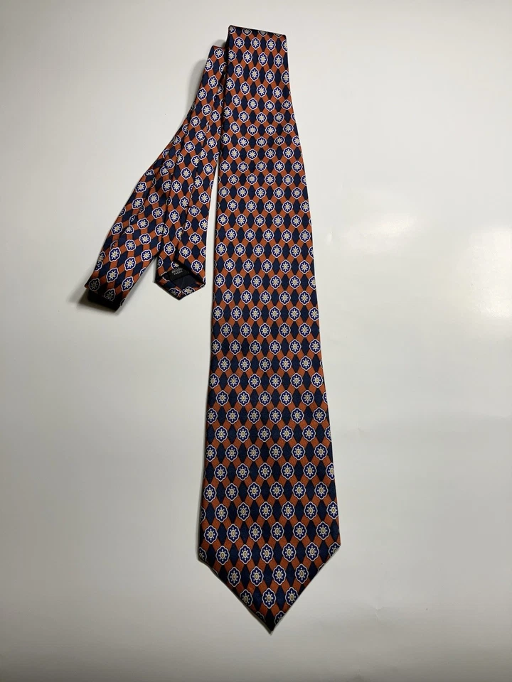 Corbata para hombre Robert Stock 100 % seda azul naranja patrón geométrico Foto 2 de 4