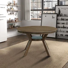 Round rubberwood dining table with wooden triangular tripod base