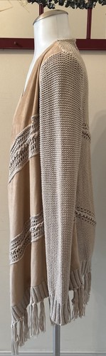 INC Faux Suede Tan Open Front Fringe Hem Knit Cardigan Womens M Western Boho - Picture 8 of 13