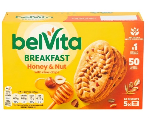 Belvita Honey & Nut with Chocolate Chip Cereal Biscuit Snack Bars Pack 5 x 45g - Picture 2 of 2