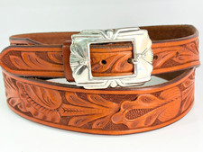 Sherer Franktown Colorado Tooled Western Belt  Sterling Silver Buckle Size 38