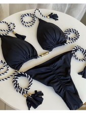 Women’s Black Triangle Bikini Set Rope Tie Tassel Gold Detail Thong Size L