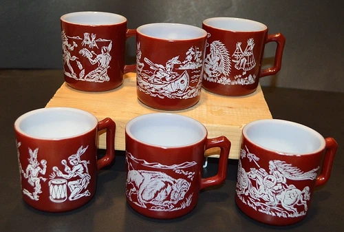 6 Vintage Maroon Hazel Atlas Childs Indian Mugs/Cups Milk Glass Native American