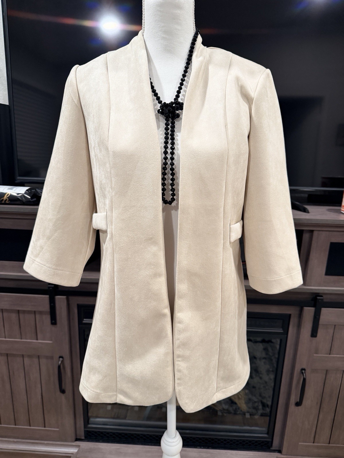 Messini Beige Open Front Collared Pockets Mid-Len… - image 1