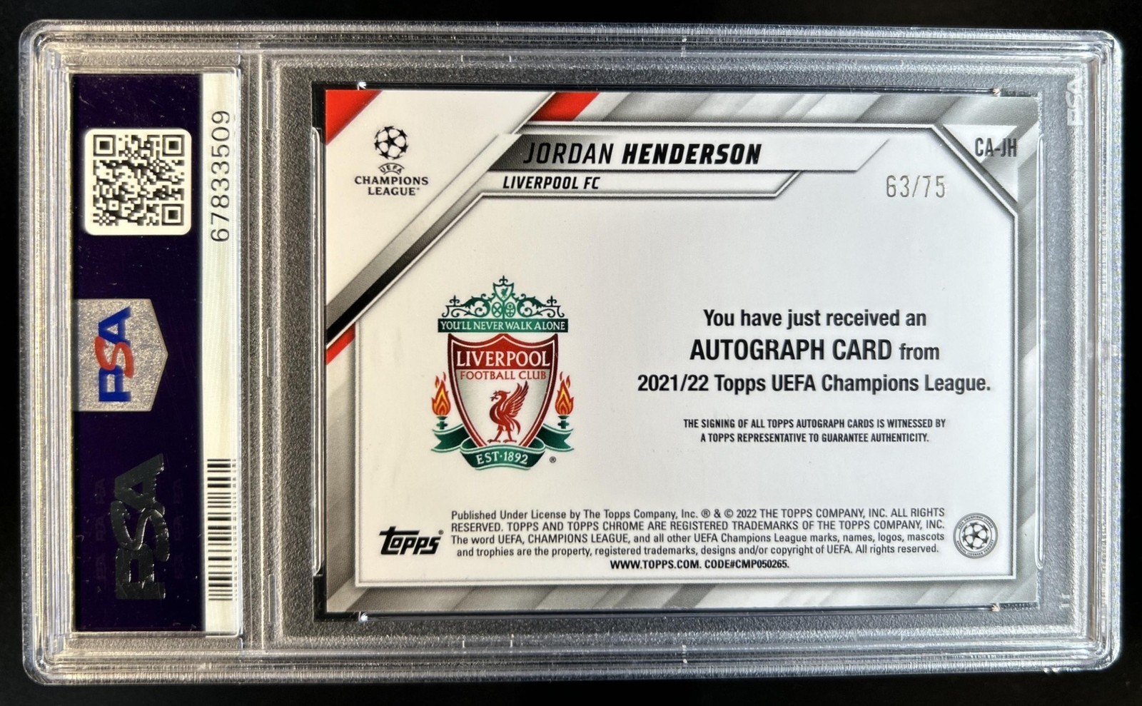 2021-22 Topps Chrome UEFA Jordan Henderson Auto Blue Wave Refractor #/75 PSA 9 view 2