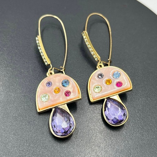 Betsey Johnson Enchanted Mushroom Enamel and Rhinestone Drop Gold Tone Earrings