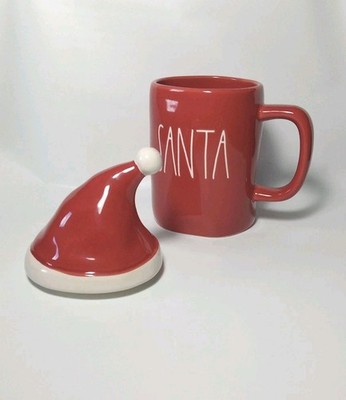 Rae Dunn Santa Mug with mug Topper Red White Letters Stocking Cap Pom-Pom