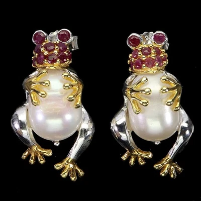 925 Sterling Silber Ohrringe Rund Rubin Perle Natürlich Edelstein Schmuck - Bild 1 von 4