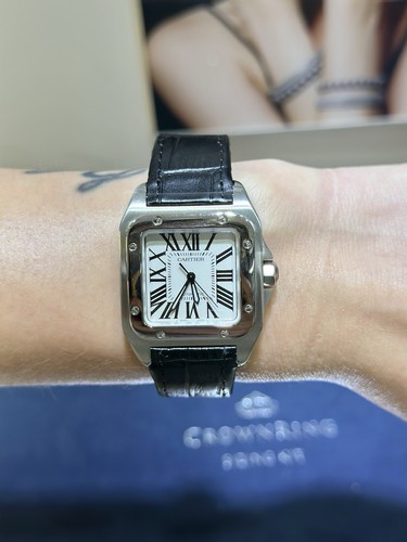 Cartier Santos 100 Midsize 33MM Silver Dial Leather Band Autom...