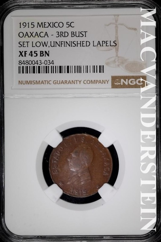 Mexico: 1915 Five Centavos- NGC XF 45 Brown- Oaxaca- 3rd Bust- Set Low #SLA1122