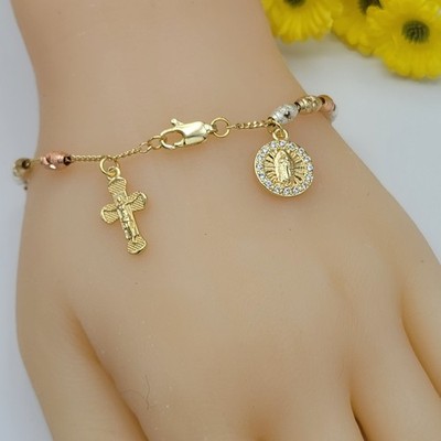 Tri Color Gold Plated Rosary Bracelet Virgen de Guadalupe and Crucifix. Rosario