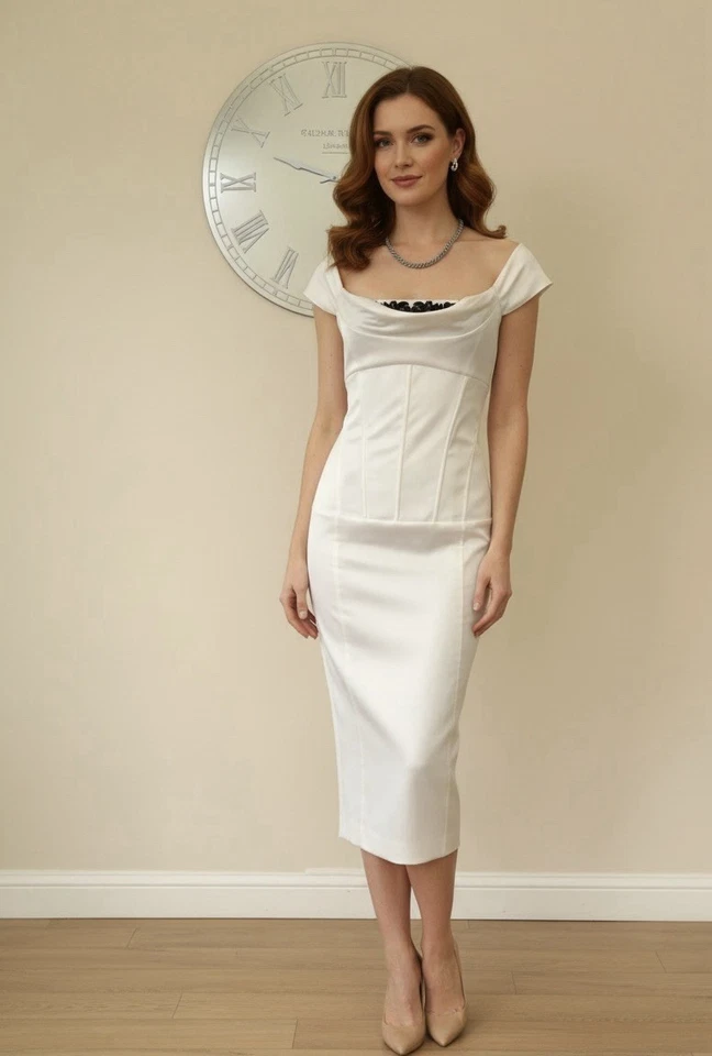 KAREN MILLEN VINTAGE IVORY CORSET STYLE JEWEL EMBELLISHED PENCIL MIDI DRESS SZ 8 - Image 2 of 4