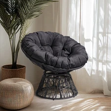 38" Ergonomic Swivel Wicker Papasan Chair with Thick Tufted Cushions