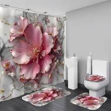 4Pcs Pink 3D Floral Bathroom Shower Curtain Set Modern Marble Black White
