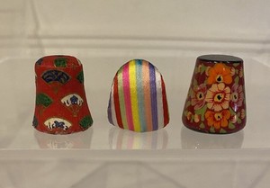 Lot of 3 Vintage Decorative Thimbles Wood Japan Paper Mache Floral Stripe