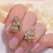 Silver Plated Gold Tone Zirconia Butterfly Stud Earrings W/Box